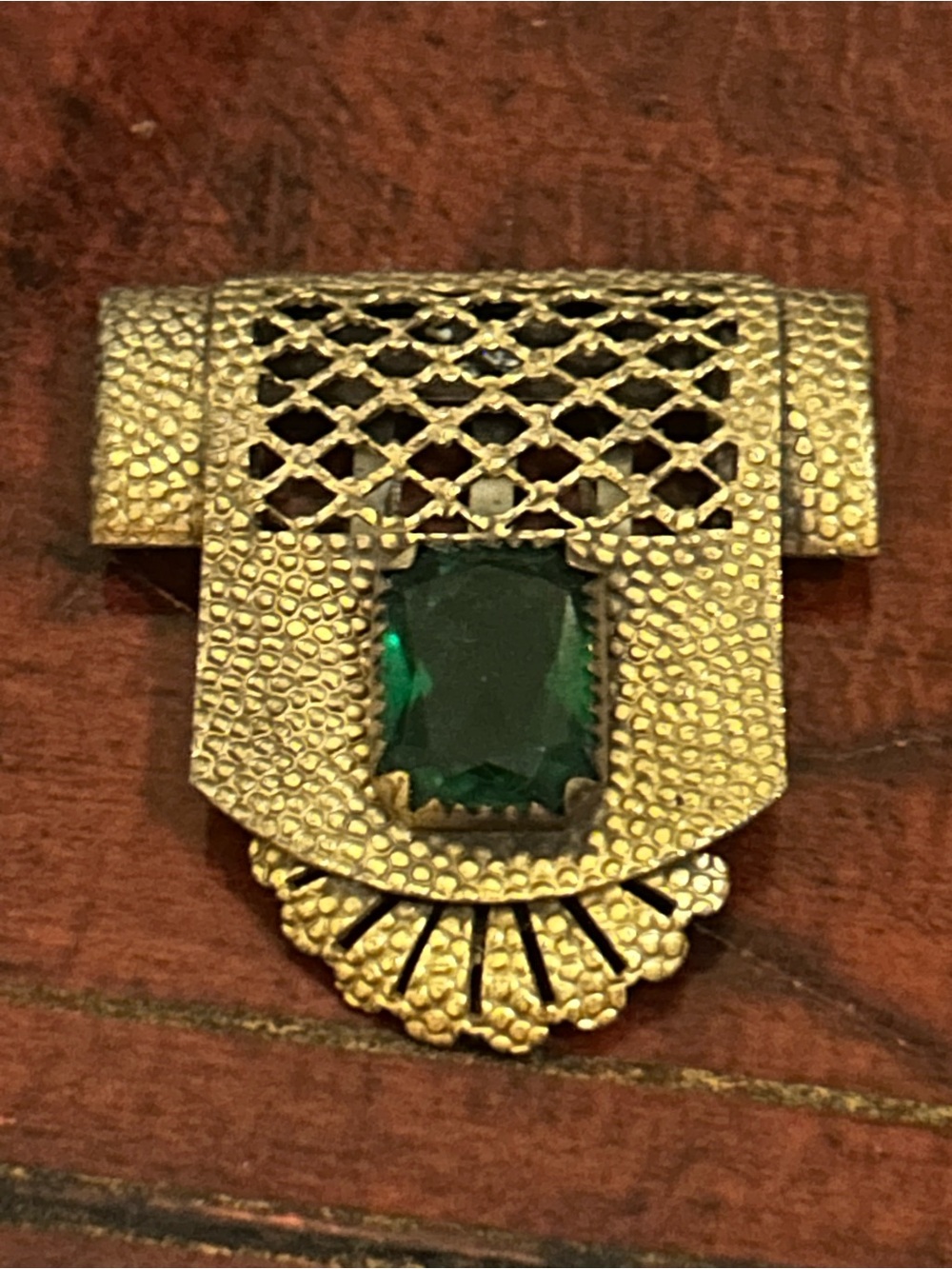 1930s Art Deco Dress Clip Brass with Rectangular Beveled Green Glass Stone